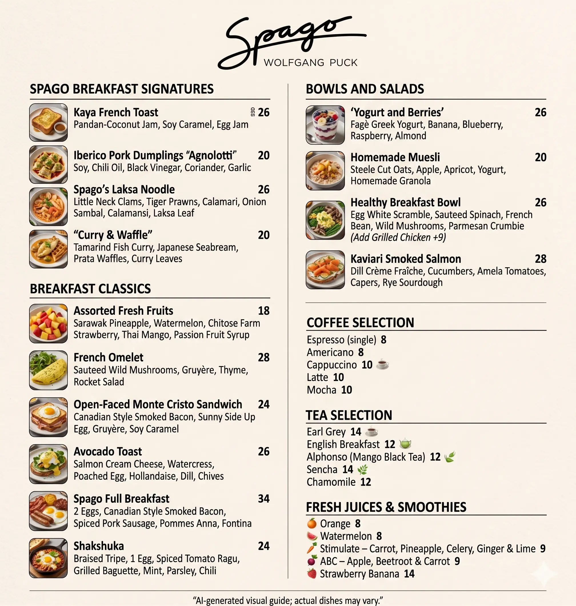 Model-generated visual menu — food thumbnails beside each dish, styled typography, warm restaurant aesthetic